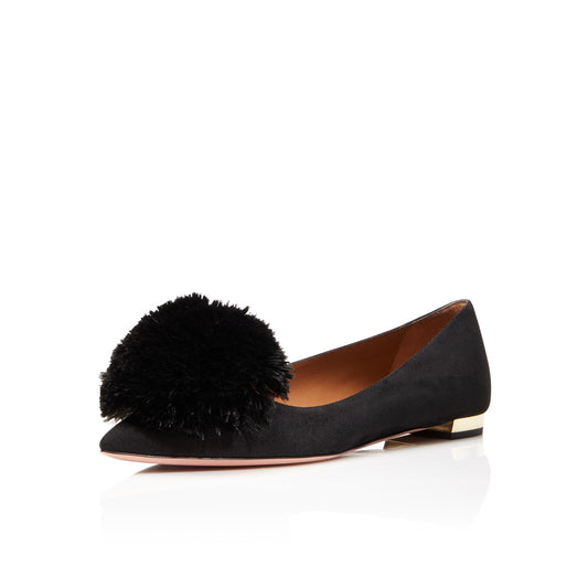 Black Cute Pom Pom Shoes Vegan Suede Pointy Toe Casual Flats