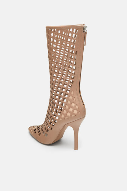 Nude Closed Toe Zip Closure Caged High Heel Mid Calf Boots for Women