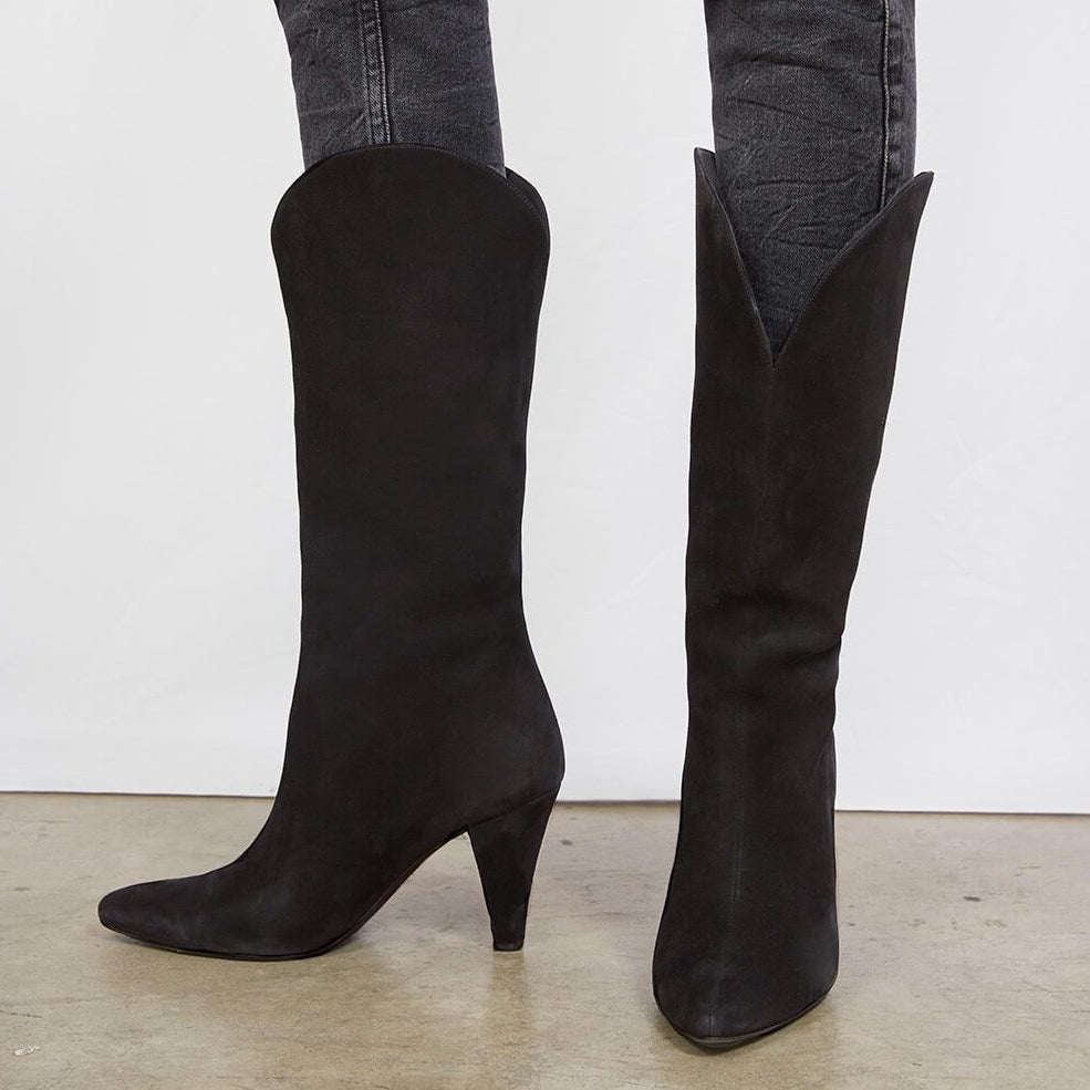 Black Closed Toe Cone Heel Slip On Mid Calf Boots for Women