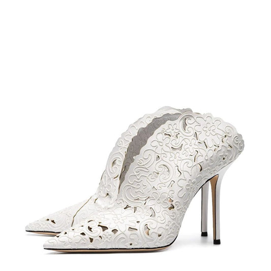 White Hollow Out Mule Heels