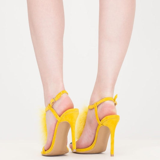 Yellow Trendy T-Strap Heels Open Toe Faux Fur Decor Party Sandals