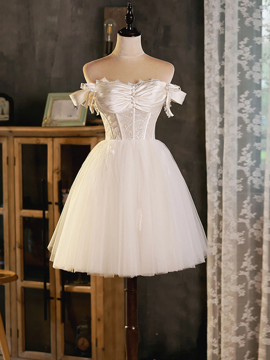 Vintage White Lace Off-the-shoulder Design A-line Tulle Party Dress Homecoming Dress TP4069
