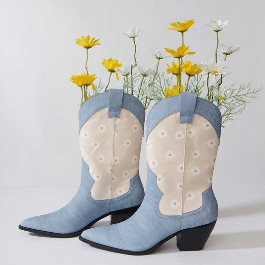 Blue & Nude Denim Pointed Toe Daisy Mid Calf Boots with Chunky Heels
