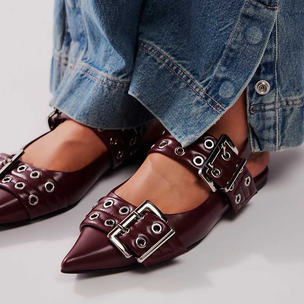 Women's Burgundy Buckle Grommet Strap Pointed Toe Slingback Flats