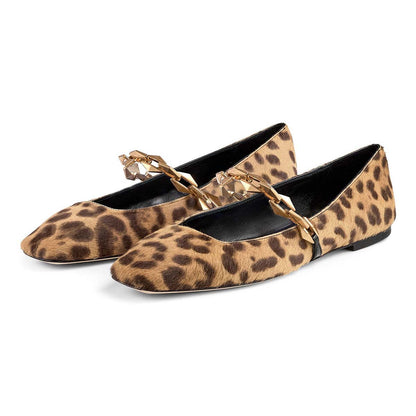 Leopard Print Chain Strap Mary Jane Square Toe Ballet Flats for Women