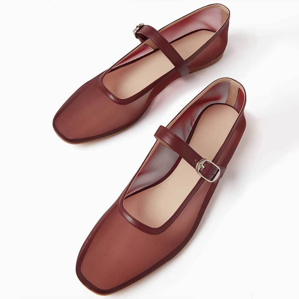 Mesh Square Toe Buckled Strap Mary Jane Ballet Flats in Maroon