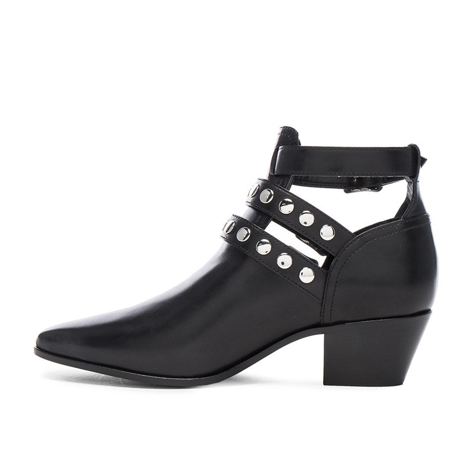 Black Chunky Heel Cut Out Vegan Leather Studs Ankle Boots