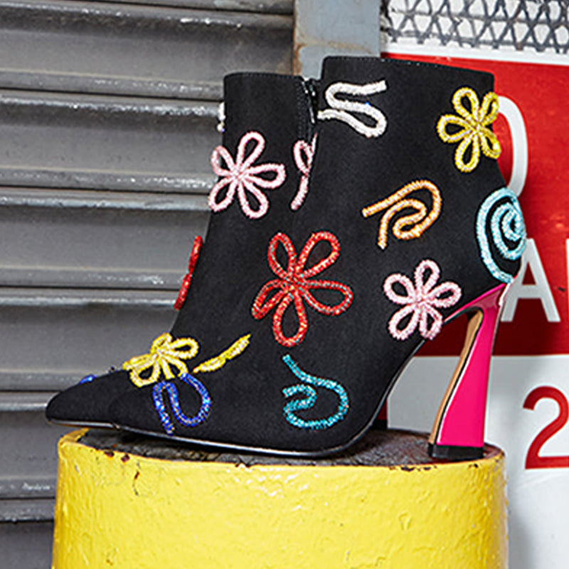 Black Spool Heel Multicolor Rhinestone Flower Ankle Boots for Women