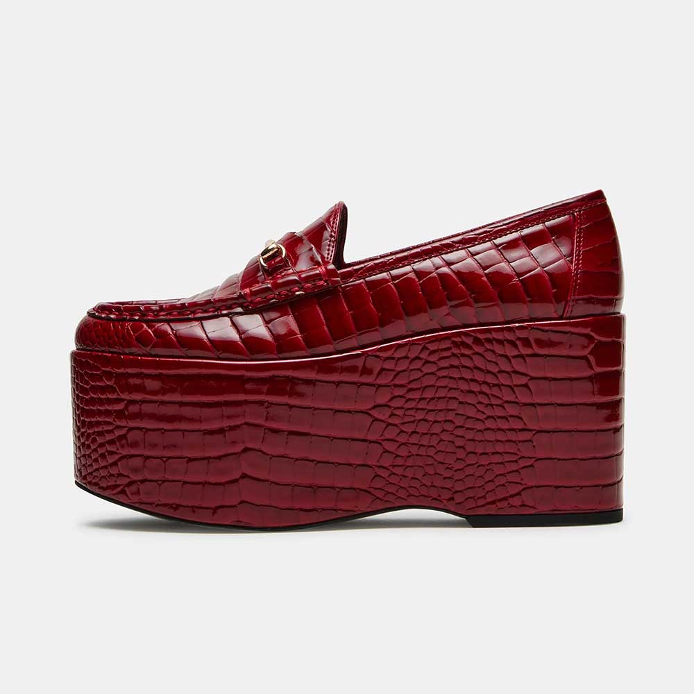 Red Crocodile Embossed Metal Strap Round Toe High Platform Loafers