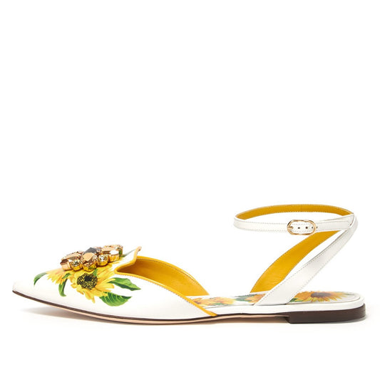 White Floral Print Ankle Strap Crystal Decor Flats