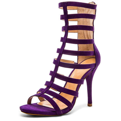 Purple Gladiator Heels Open Toe Vegan Suede Cage Sandals