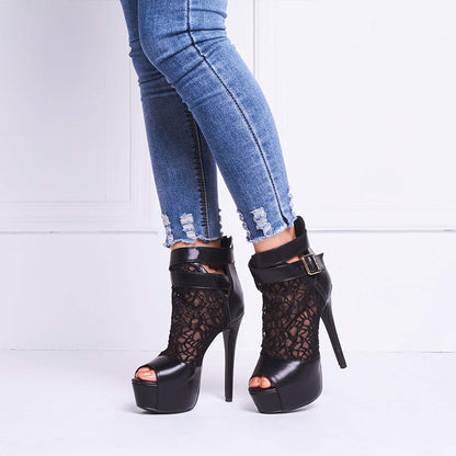 Black Peep Toe Platform Shoes Women's Stilettos Heel Lace Ankle Boots