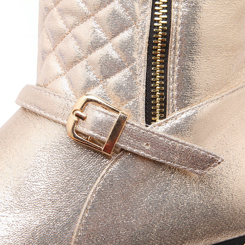 Champagne Round Toe Flats Quilted Zipper Knee High Boots