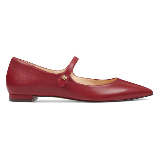 Maroon Mary Jane Shoes Flower Buckle Pointed Toe Flats