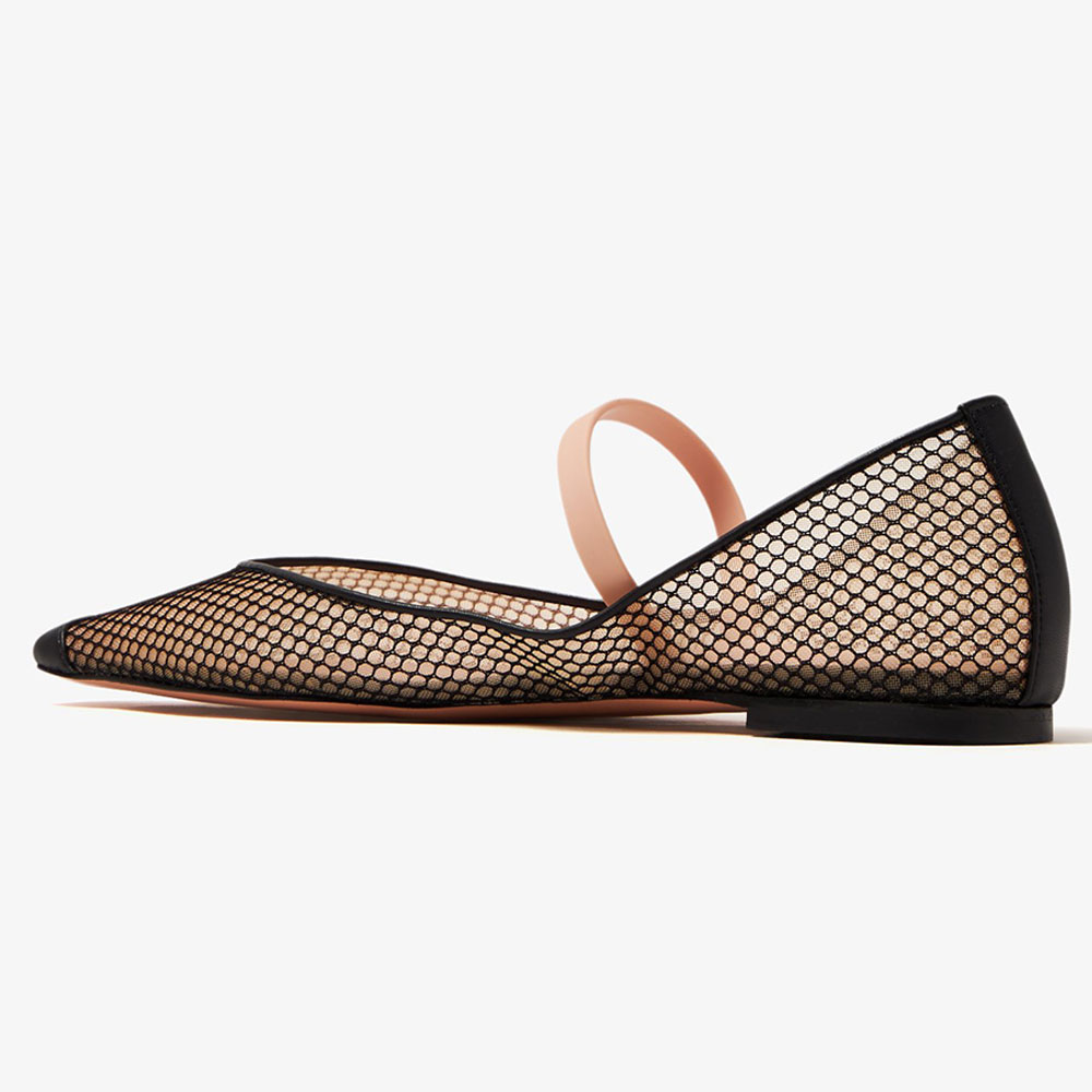Black Square Toe Side Cut Design Perforated Mesh Flats with Strap
