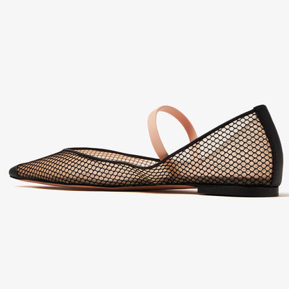 Black Square Toe Side Cut Design Perforated Mesh Flats with Strap