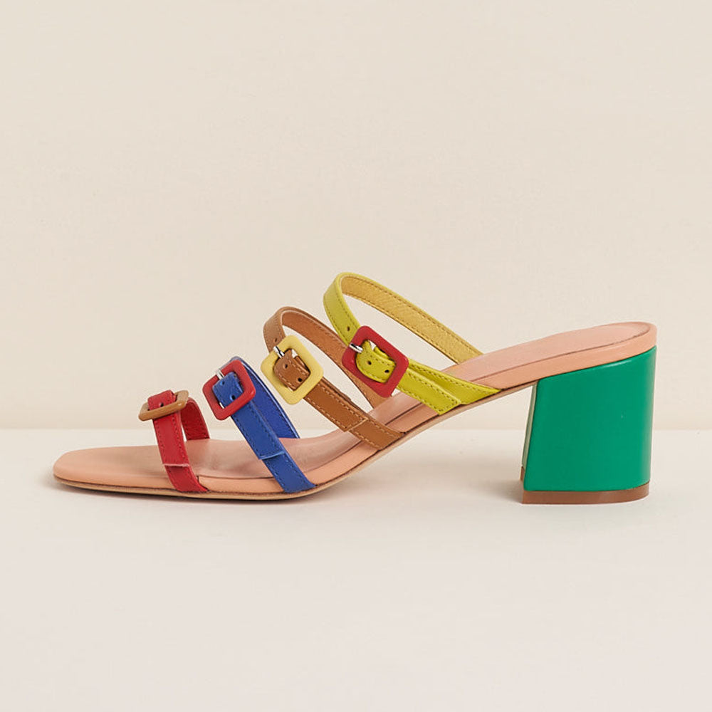 Multicolor Vegan Leather Round Toe Block Heel Strappy Slippers