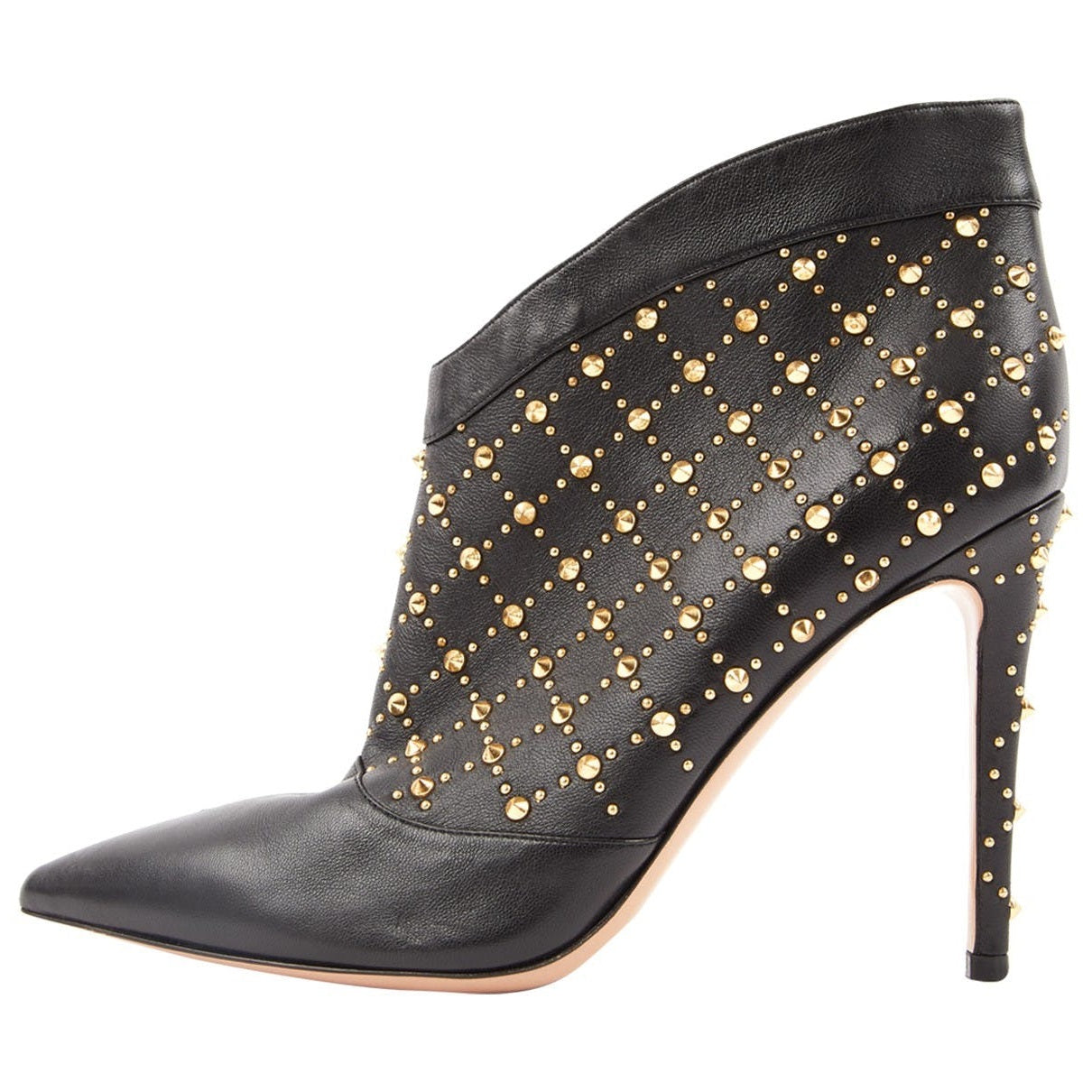 Black Pointed Toe Low Cut Stiletto Heel Ankle Boots with Gold Stud