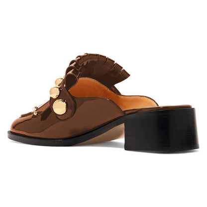 Brown Patent Leather Studded Fringe Chunky Heel Mule Loafers