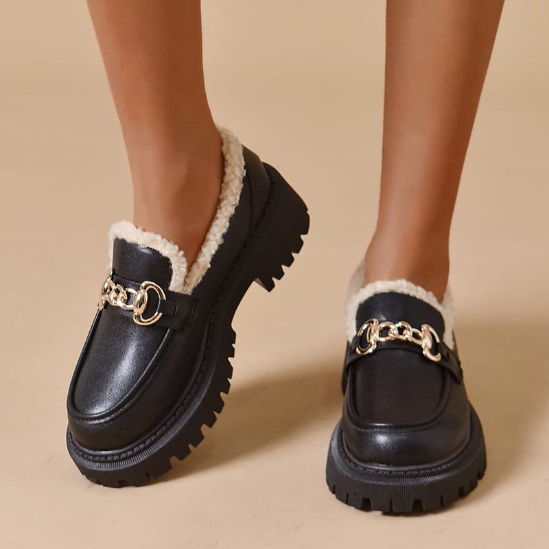 Black Lug Sole Shearling-Trimmed Horsebit Chunky Loafers for Women