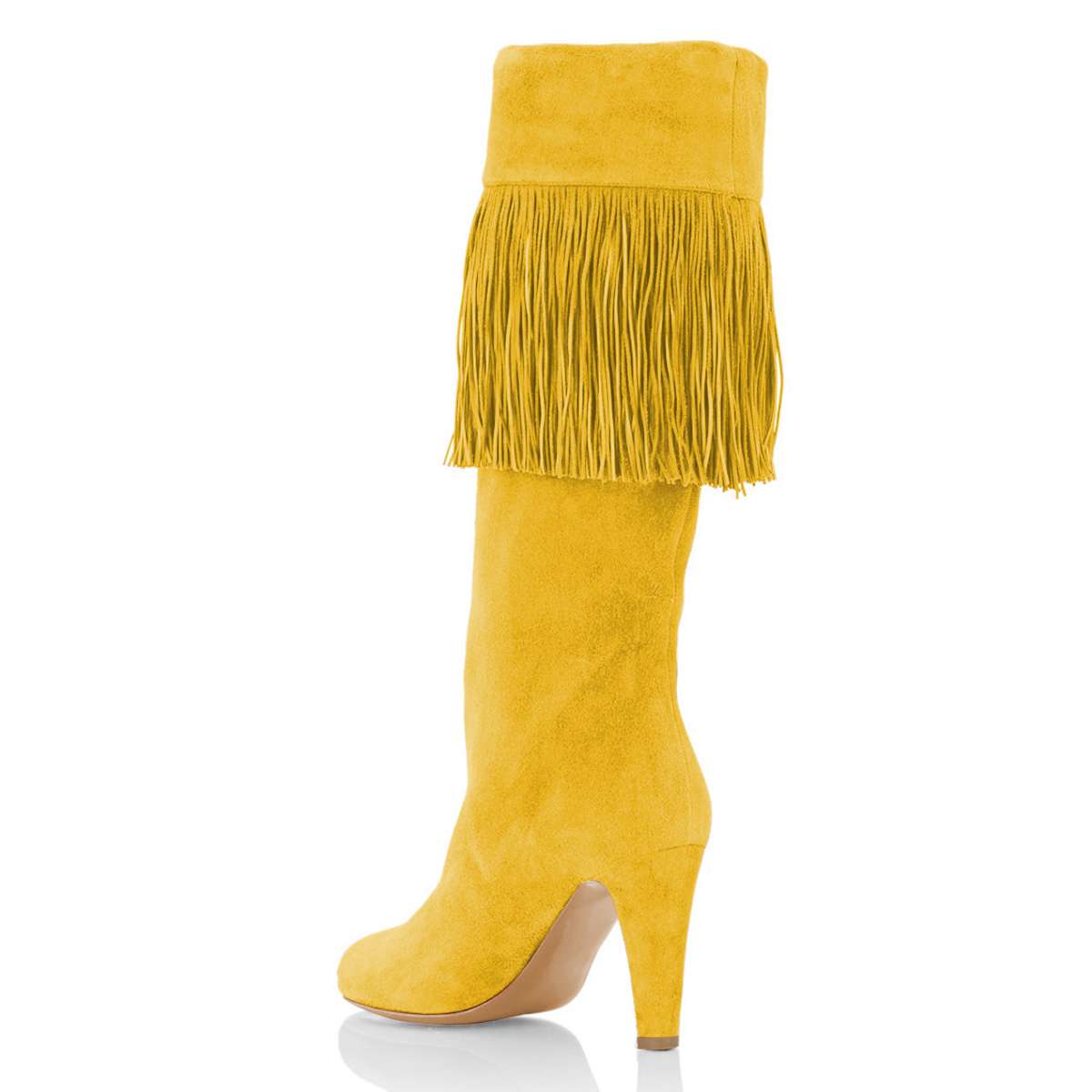 Yellow Vegan Suede Fringe Chunky Heel Knee-High Boots