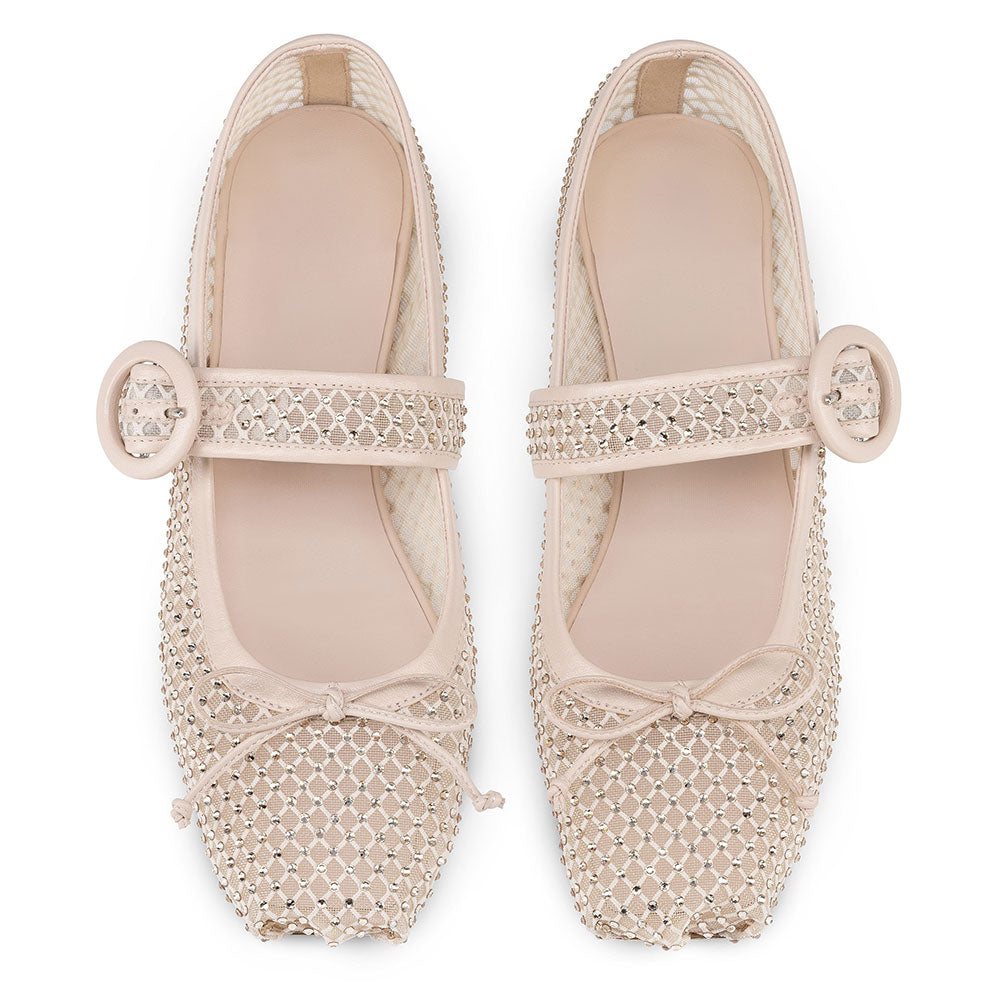 Nude Mesh Square Toe Bow Decor Rhinestone Ballet Flats for Women