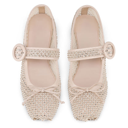 Nude Mesh Square Toe Bow Decor Rhinestone Ballet Flats for Women