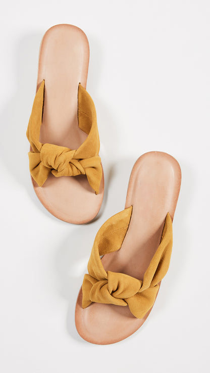 Casual Mustard Vegan Suede Open-Toe Knotted Flats Slide Sandals