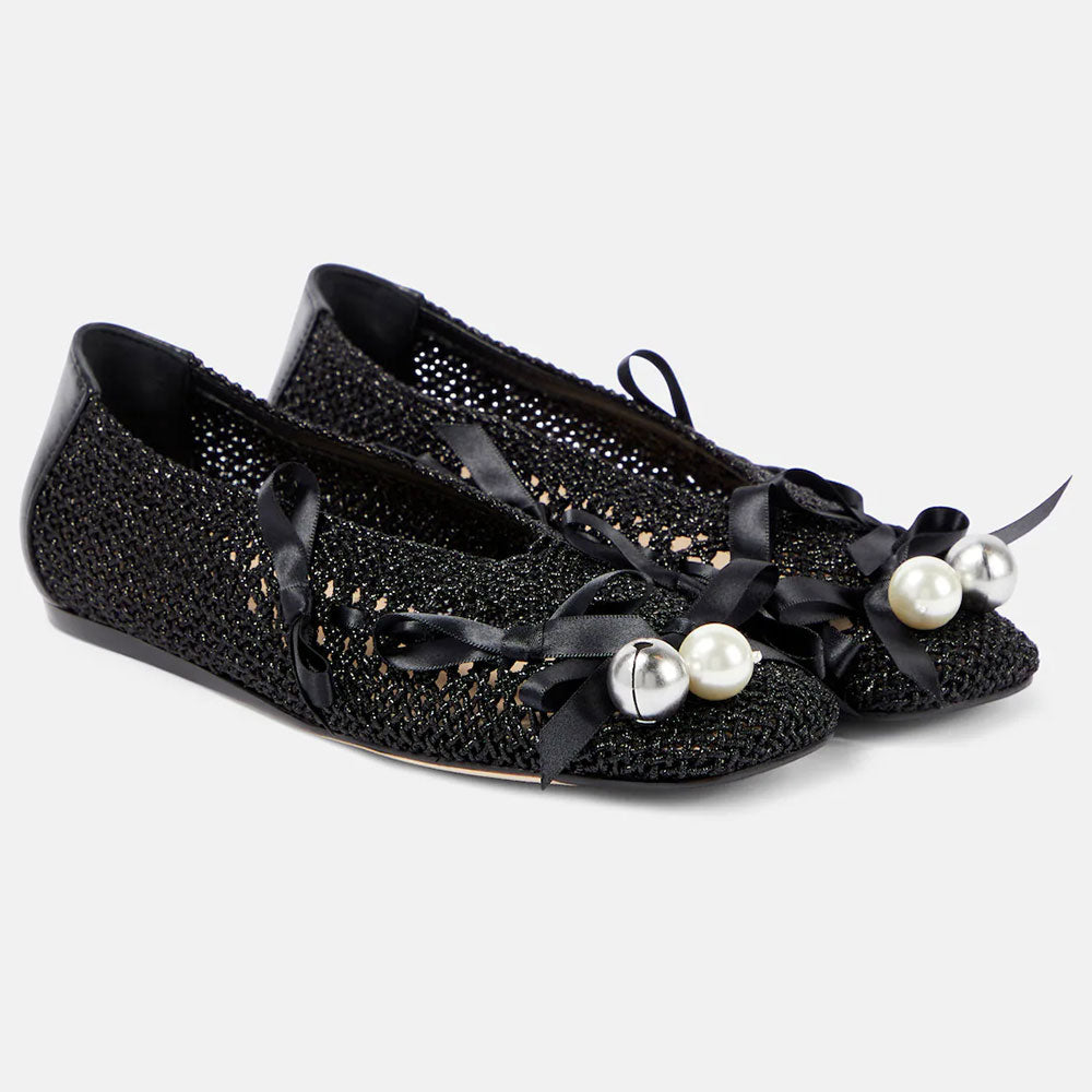 Woven Square Toe Bell and Pearl Decorative Bow Ballet Flats in Black