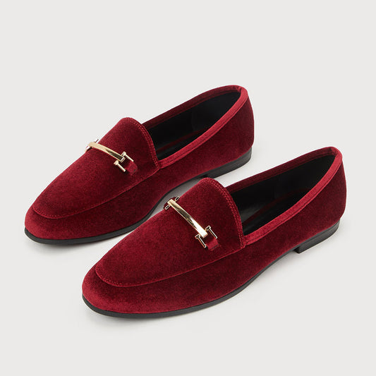 Classic Maroon Velvet Round Toe Flats Metal Horsebit Women's Loafers