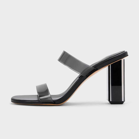 Black & Clear PVC Square Toe 4'' Chunky Heel Double Strap Mules