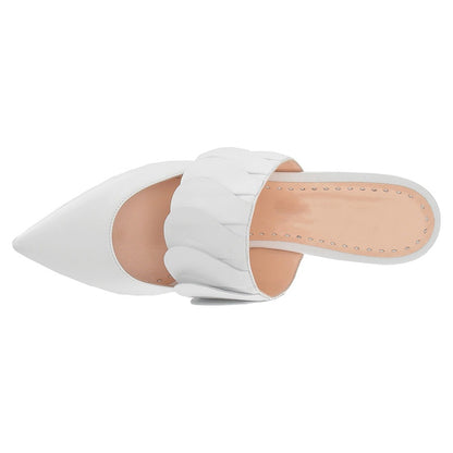 White Pointed Toe Low Chunky Heel Mules for Women