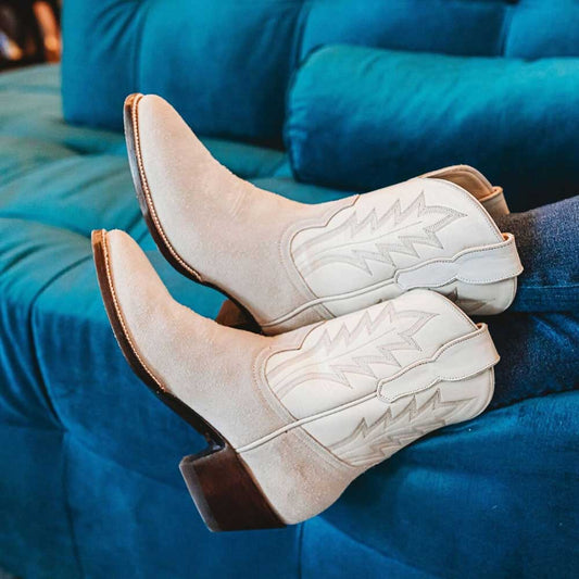 Beige & White Faux Suede Round Toe Chunky Heel Cowgirl Ankle Boots