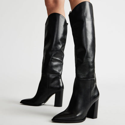 Black Pointed Toe Chunky Heel Fashion Knee High Boots for Women