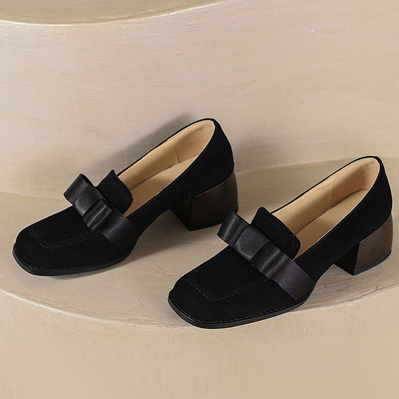 Black Faux Suede Square Toe Chunky Heel Loafers with Bow