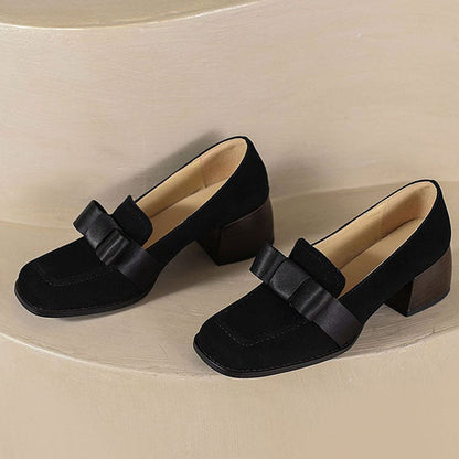 Black Faux Suede Square Toe Chunky Heel Loafers with Bow