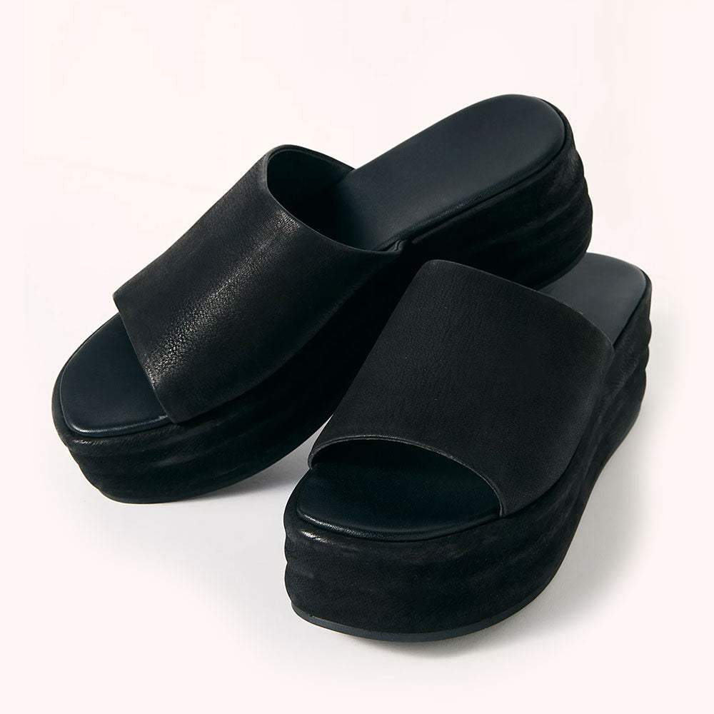 Women's Classic Black Square Toe Platform Wedge Heeled Mules