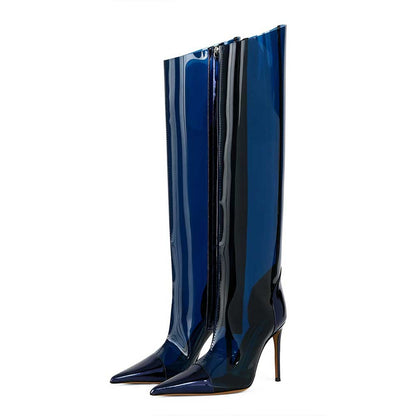 Navy Pointed Toe Iridescent Stiletto Heel Knee High Boots with Zipper