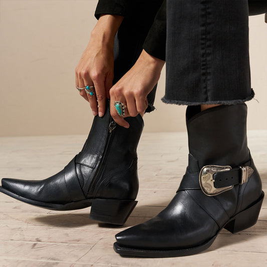 Black Criss-Cross Buckle Strap Snip Toe Chunky Heel Zipper Ankle Boots