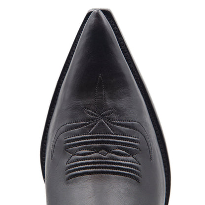 Black Pointy Toe Block Heel Vintage Stitching Western Knee High Boots