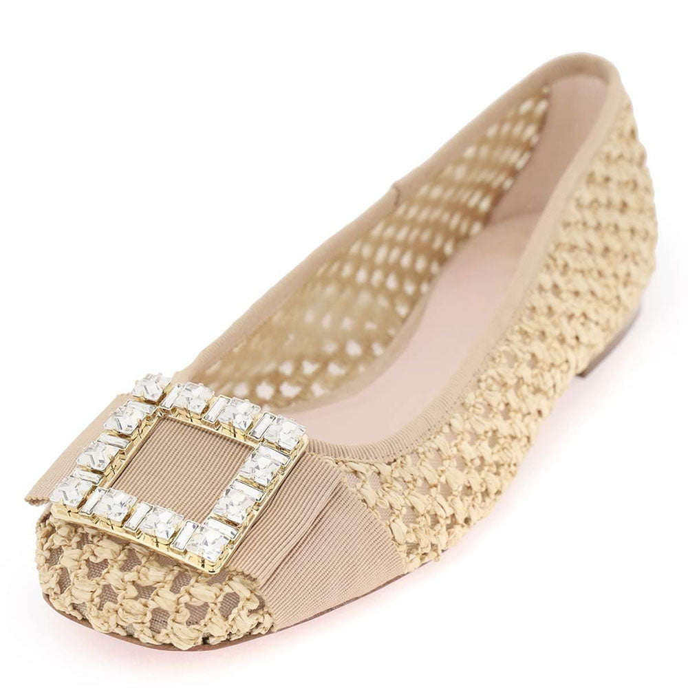 Beige Raffia Square Toe Crystal Embellished Buckle Women's Dress Flats