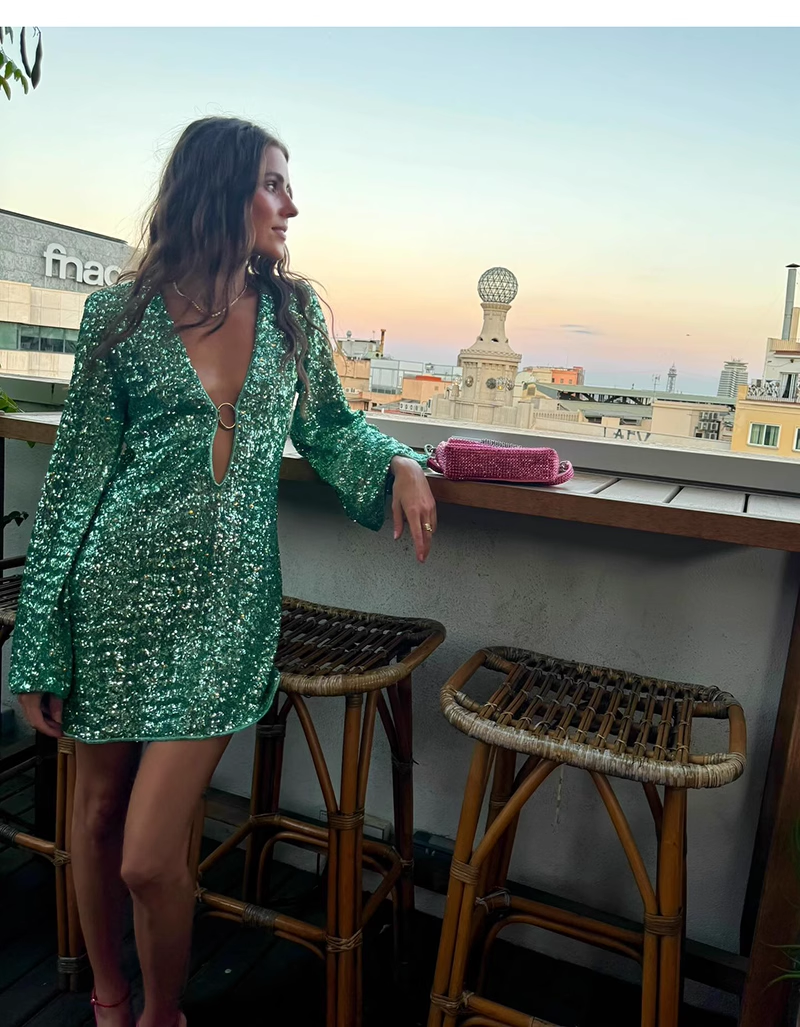 Fashion Green V-neck Sequin Design A-line Long-sleeved Women Party Dress Homecoming Dress TP3892