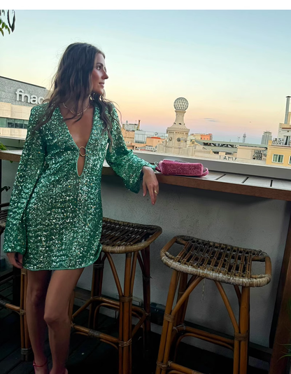 Fashion Green V-neck Sequin Design A-line Long-sleeved Women Party Dress Homecoming Dress TP3892