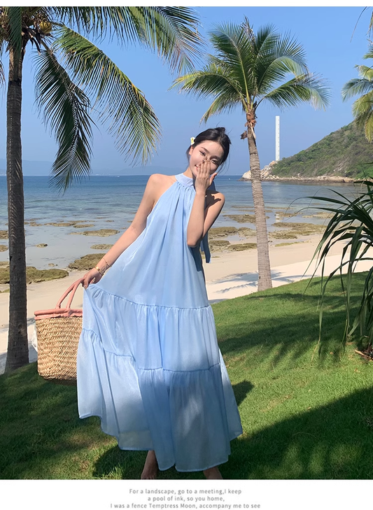 Simple Elegant Blue Design Beach Holiday Halter Dress TP3070