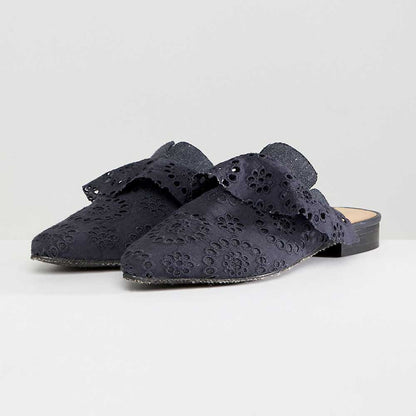 Navy Almond Toe Flat Cut-Out Lace Mule Loafers for Women