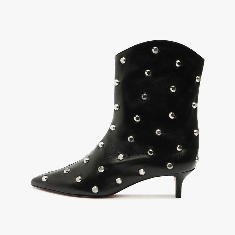 Black Studs Embellished Kitten Heel Pointed Toe Ankle Boots
