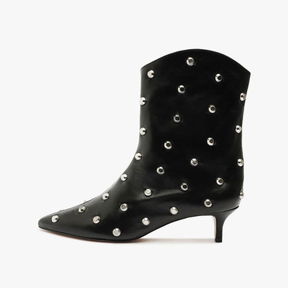 Black Studs Embellished Kitten Heel Pointed Toe Ankle Boots