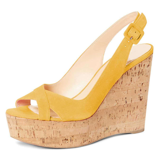 Yellow Vegan Suede Platform Wedge Heels Slingback Sandals