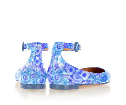 FSJ Blue Printed Ankle Strap Pointed Toe Flats for Women