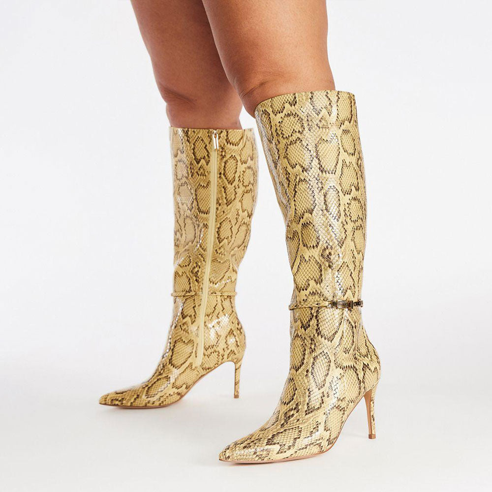 Yellow Python Embossed Stiletto Heel Buckle Decor Knee High Boots